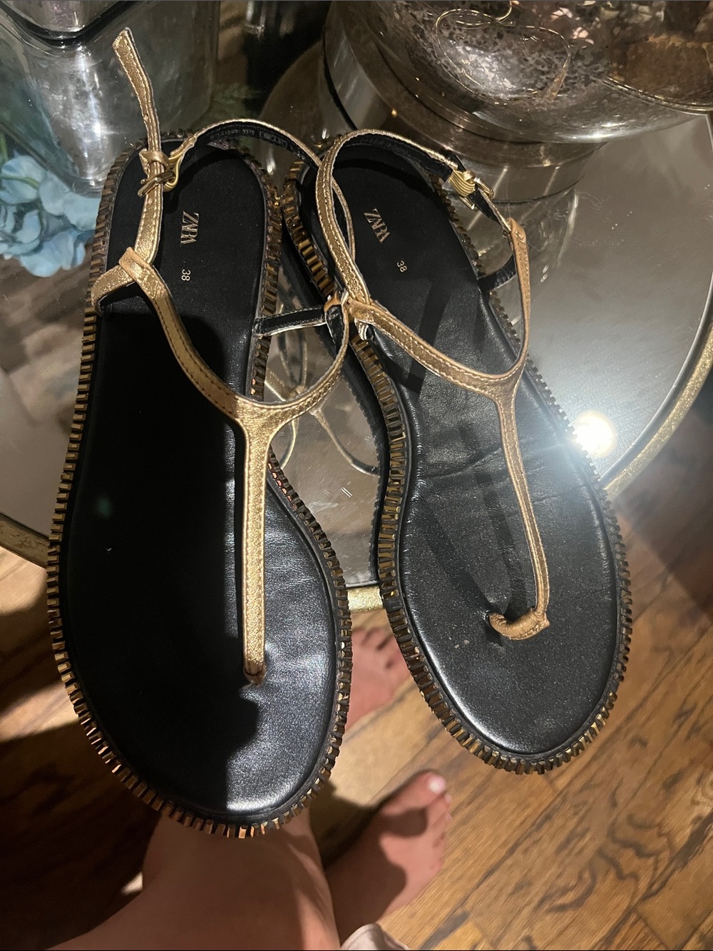 Zara Black Footbed Gold T-Strap Sandals